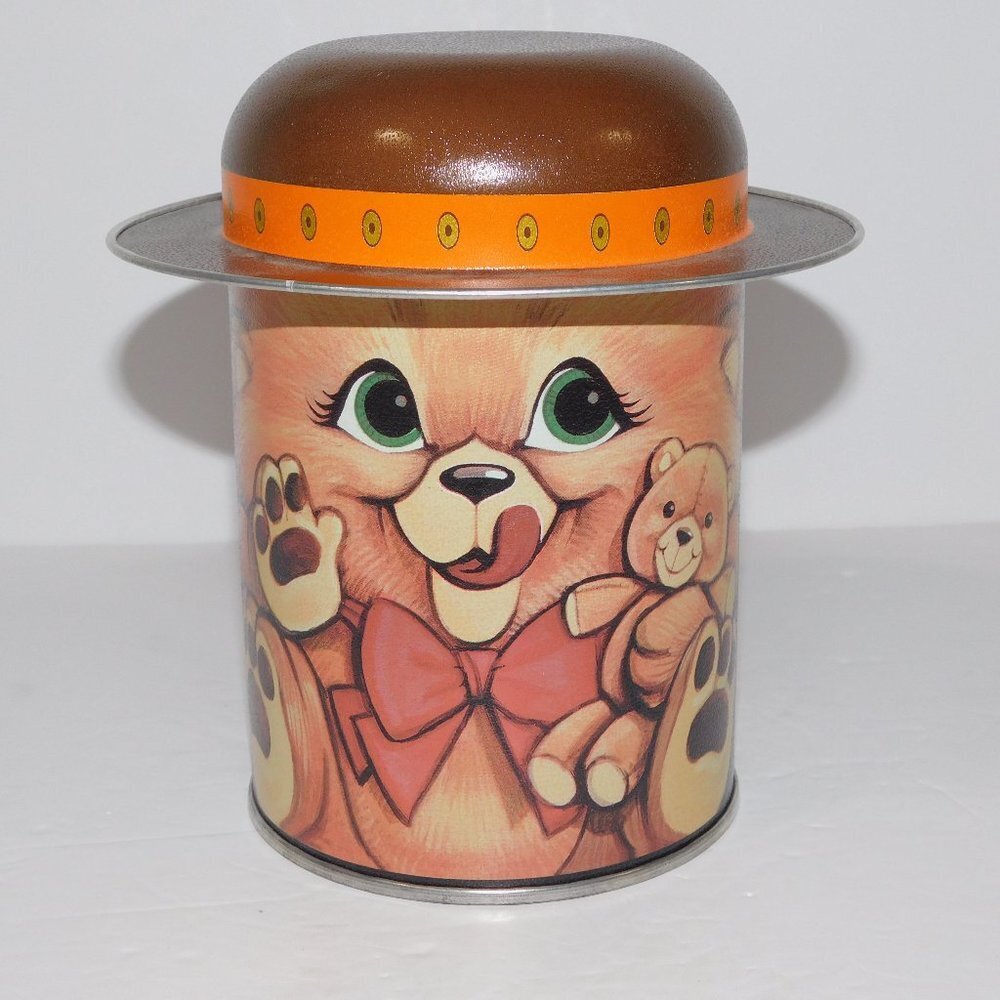 Vintage 90s Brown Honey Bear with Hat 7" Tin Can Canister